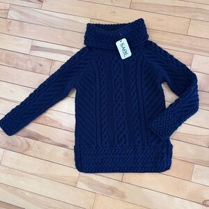 NWT- SOAL IRELAND  Navy Cable Knit Turtleneck Sweater. 100% Merino Wool.